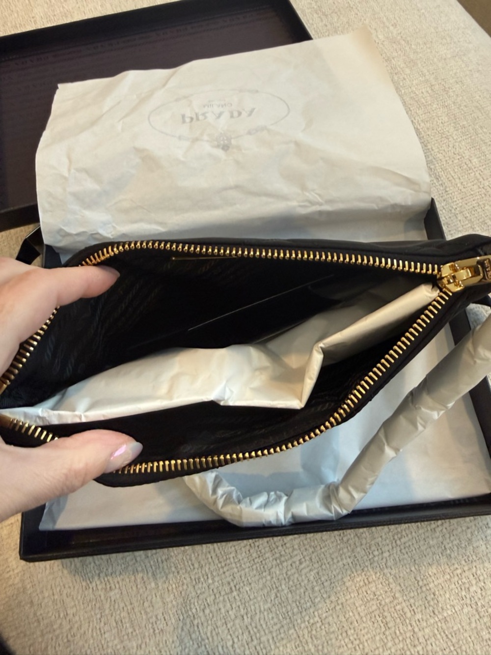 Prada Black Quilted Re-Nylon Clutch with Gold Chain - Picture 7 of 10